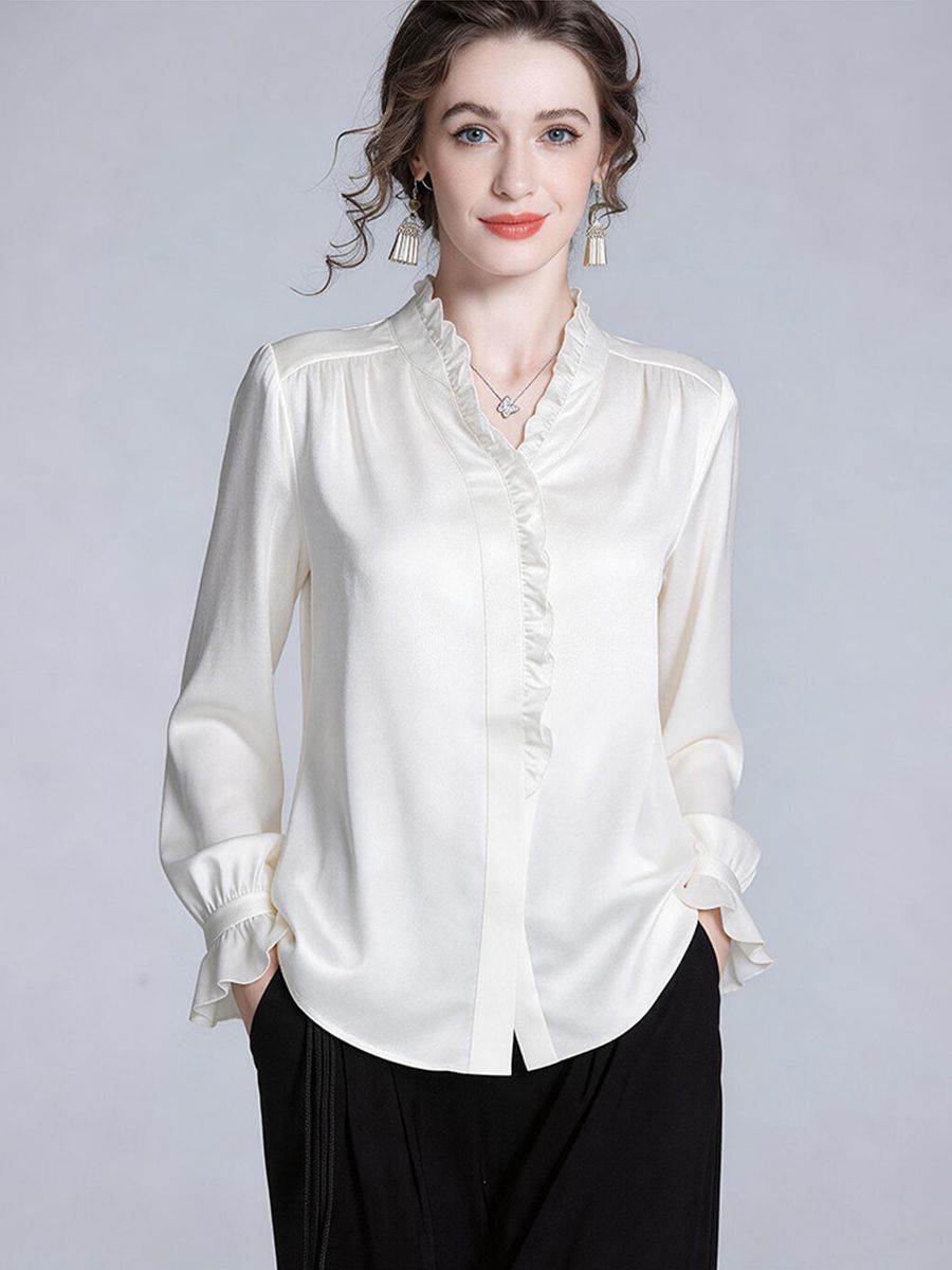 Elegant Ivory White Long Sleeve Ruffle Trim Button-Down Silk Blouse Flared Cuffs