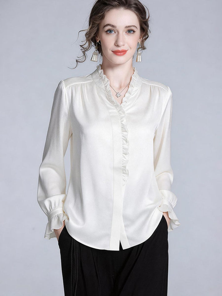 Elegant Ivory White Long Sleeve Ruffle Trim Button-Down Silk Blouse Flared Cuffs