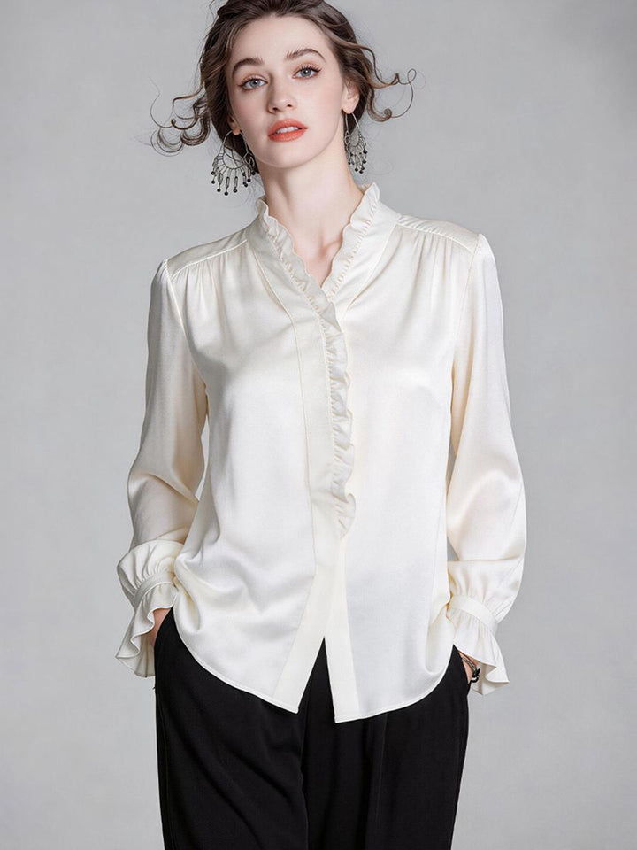 Elegant Ivory White Long Sleeve Ruffle Trim Button-Down Silk Blouse Flared Cuffs