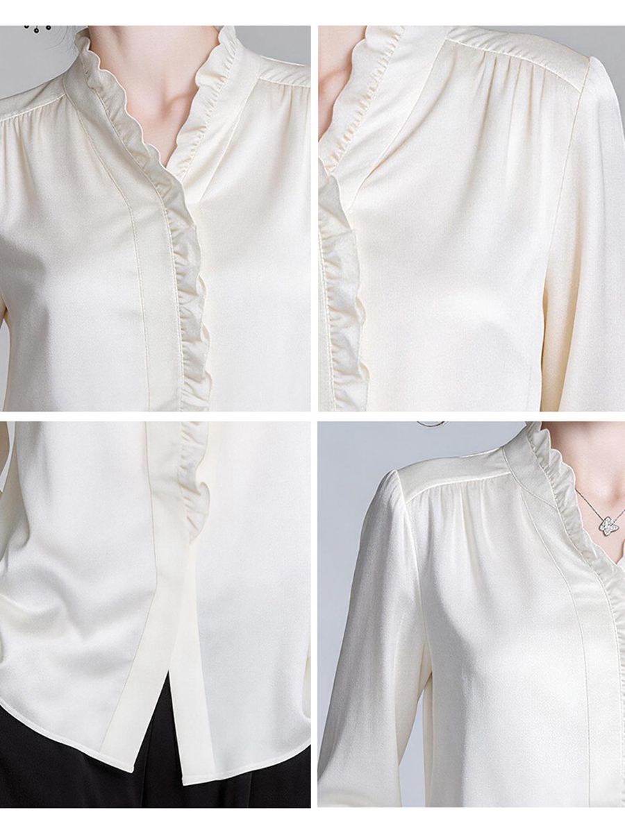 Elegant Ivory White Long Sleeve Ruffle Trim Button-Down Silk Blouse Flared Cuffs