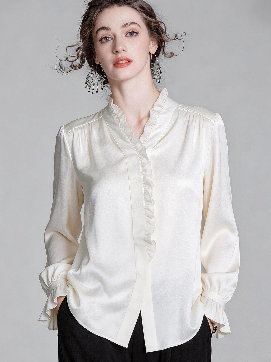 Elegant Ivory White Long Sleeve Ruffle Trim Button-Down Silk Blouse Flared Cuffs