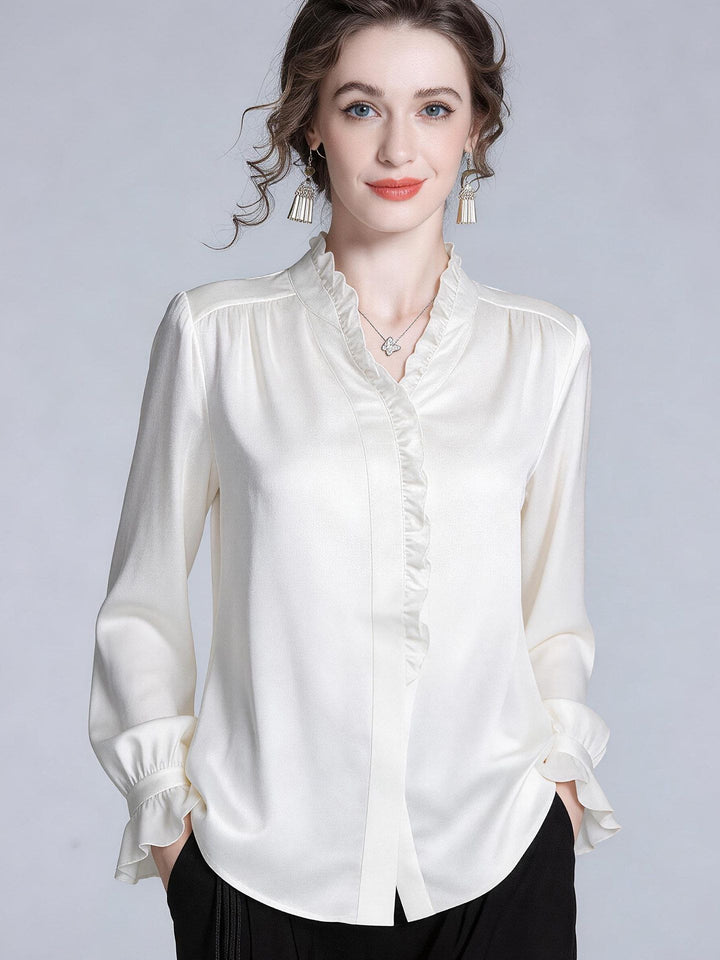Elegant Ivory White Long Sleeve Ruffle Trim Button-Down Silk Blouse Flared Cuffs