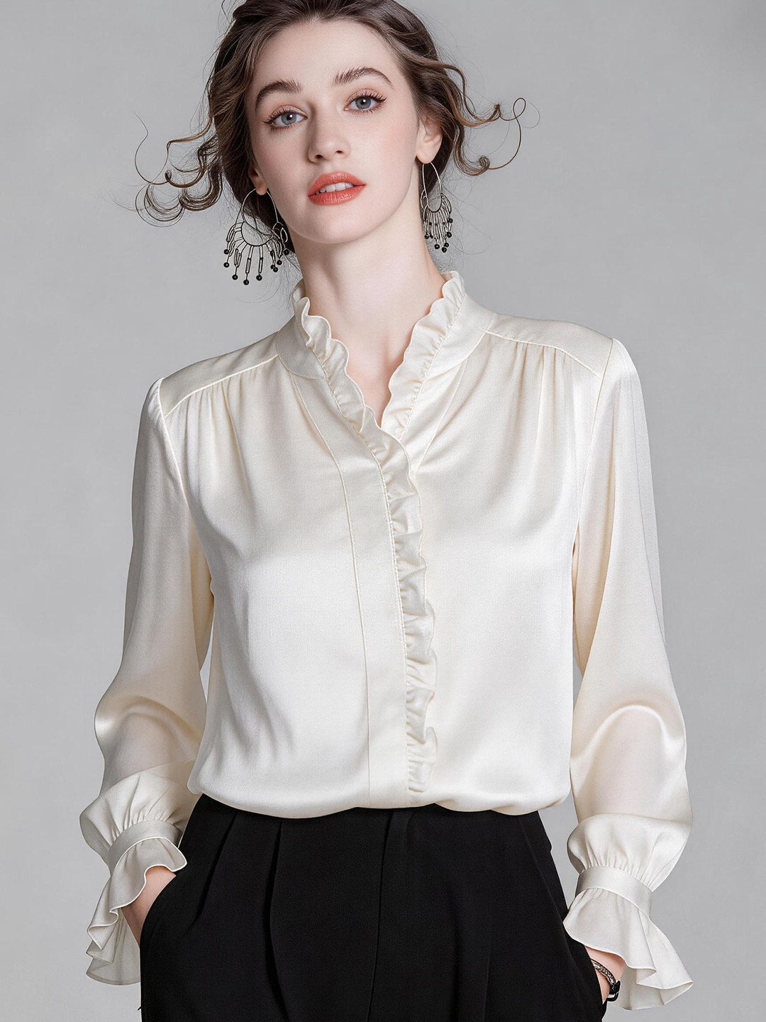 Elegant Ivory White Long Sleeve Ruffle Trim Button-Down Silk Blouse Flared Cuffs