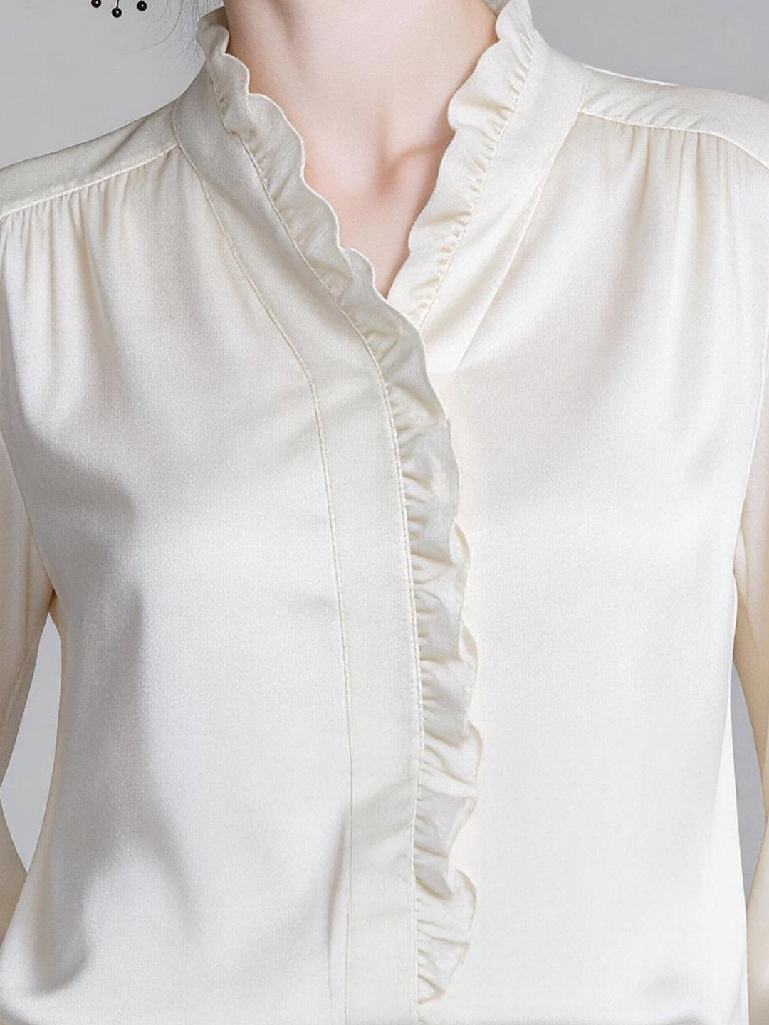 Elegant Ivory White Long Sleeve Ruffle Trim Button-Down Silk Blouse Flared Cuffs