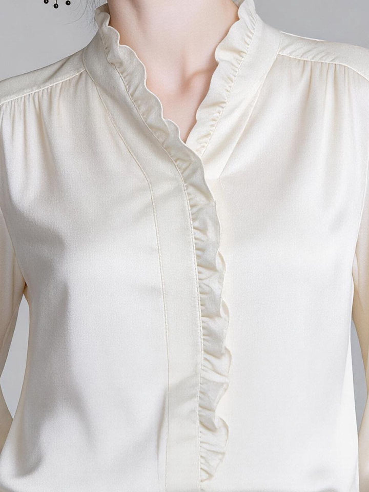Elegant Ivory White Long Sleeve Ruffle Trim Button-Down Silk Blouse Flared Cuffs