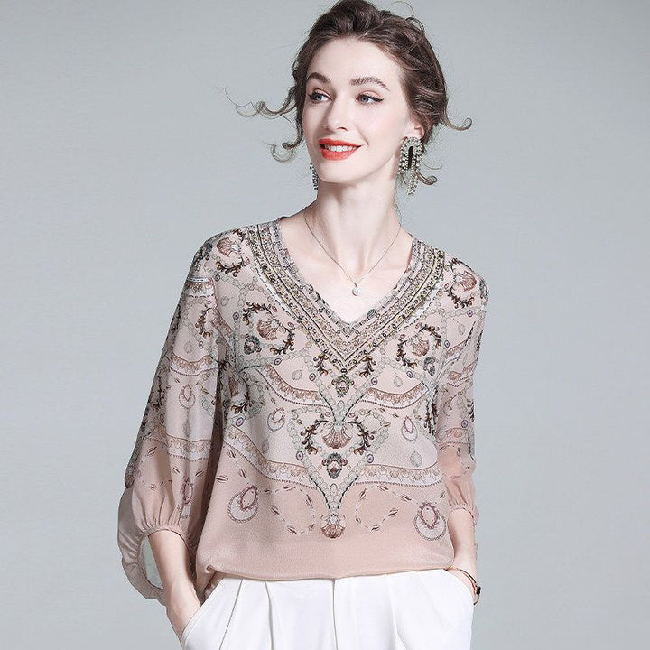 Soft Apricot Bohemian 100% Silk V-Neck Blouse with Lantern Sleeves