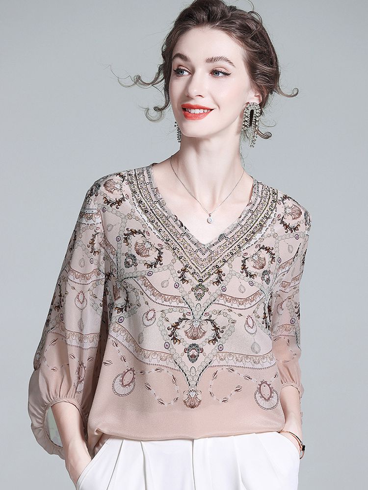 Soft Apricot Bohemian 100% Silk V-Neck Blouse with Lantern Sleeves