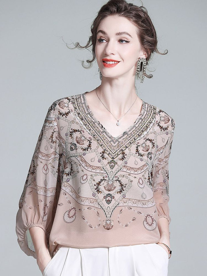 Soft Apricot Bohemian 100% Silk V-Neck Blouse with Lantern Sleeves