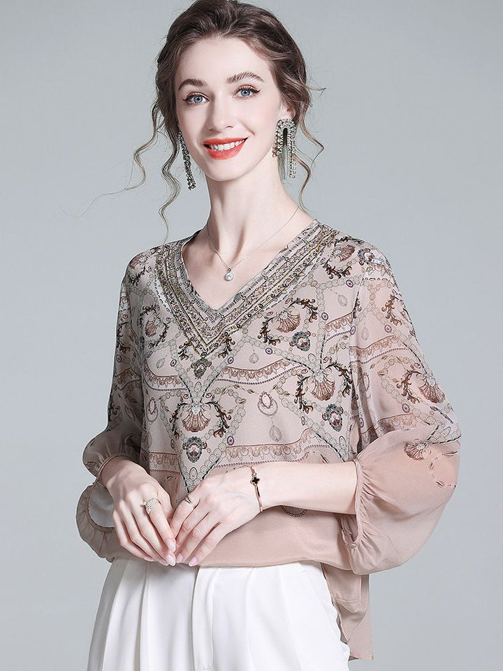Soft Apricot Bohemian 100% Silk V-Neck Blouse with Lantern Sleeves