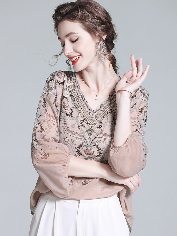 Soft Apricot Bohemian 100% Silk V-Neck Blouse with Lantern Sleeves