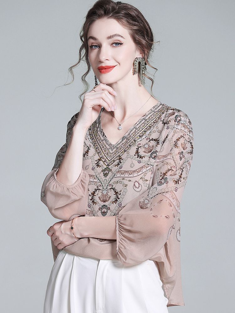 Soft Apricot Bohemian 100% Silk V-Neck Blouse with Lantern Sleeves