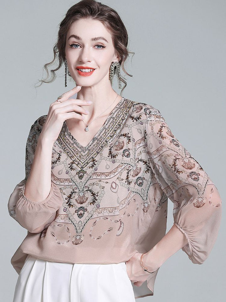 Soft Apricot Bohemian 100% Silk V-Neck Blouse with Lantern Sleeves
