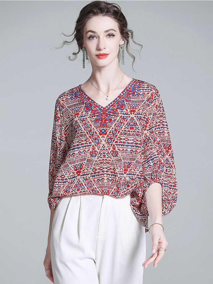 Red and Blue Boho Printed V-Neck 3/4 Lantern Sleeve Silk Blouse for Women