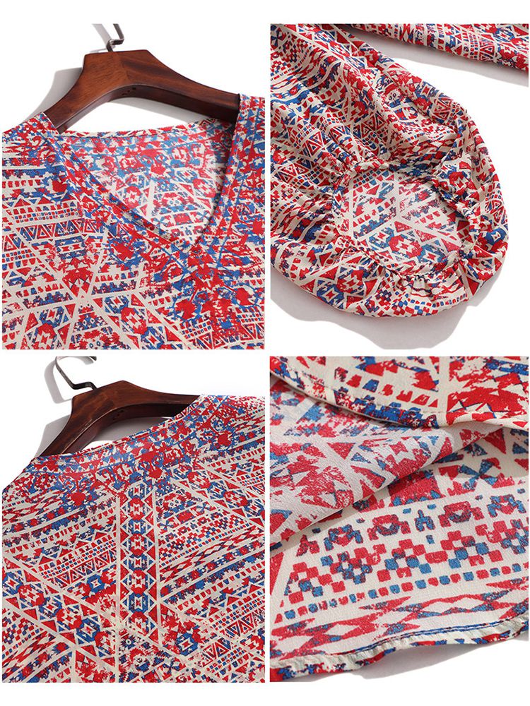 Red and Blue Boho Printed V-Neck 3/4 Lantern Sleeve Silk Blouse for Women