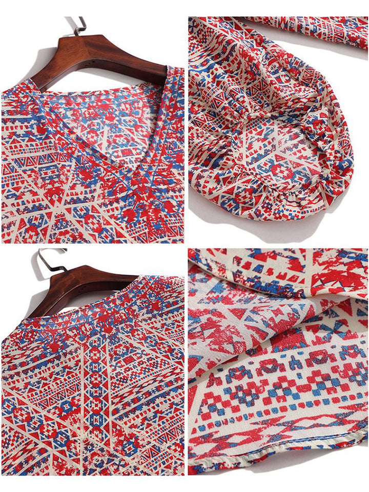 Red and Blue Boho Printed V-Neck 3/4 Lantern Sleeve Silk Blouse for Women