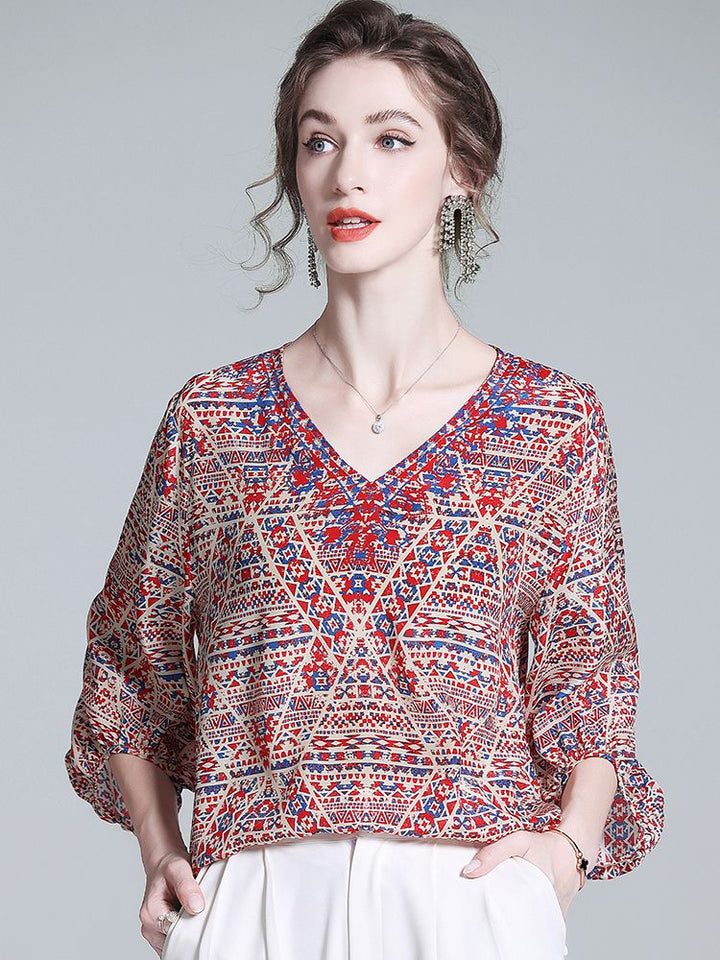 Red and Blue Boho Printed V-Neck 3/4 Lantern Sleeve Silk Blouse for Women