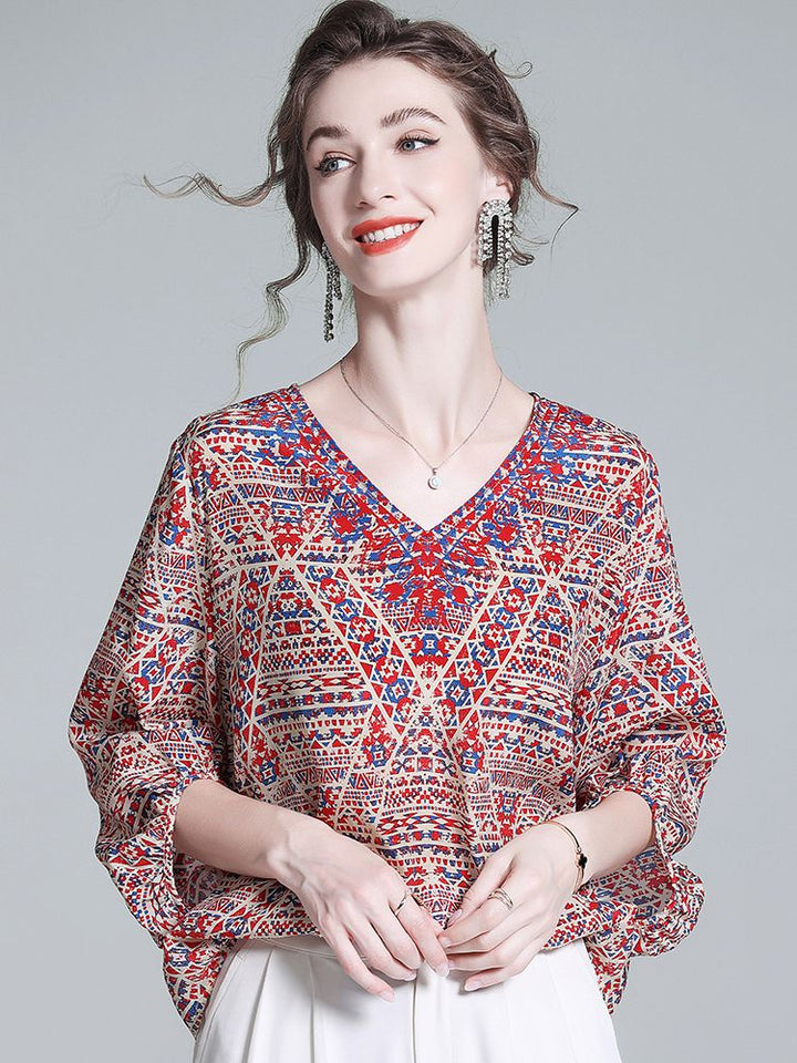 Red and Blue Boho Printed V-Neck 3/4 Lantern Sleeve Silk Blouse for Women