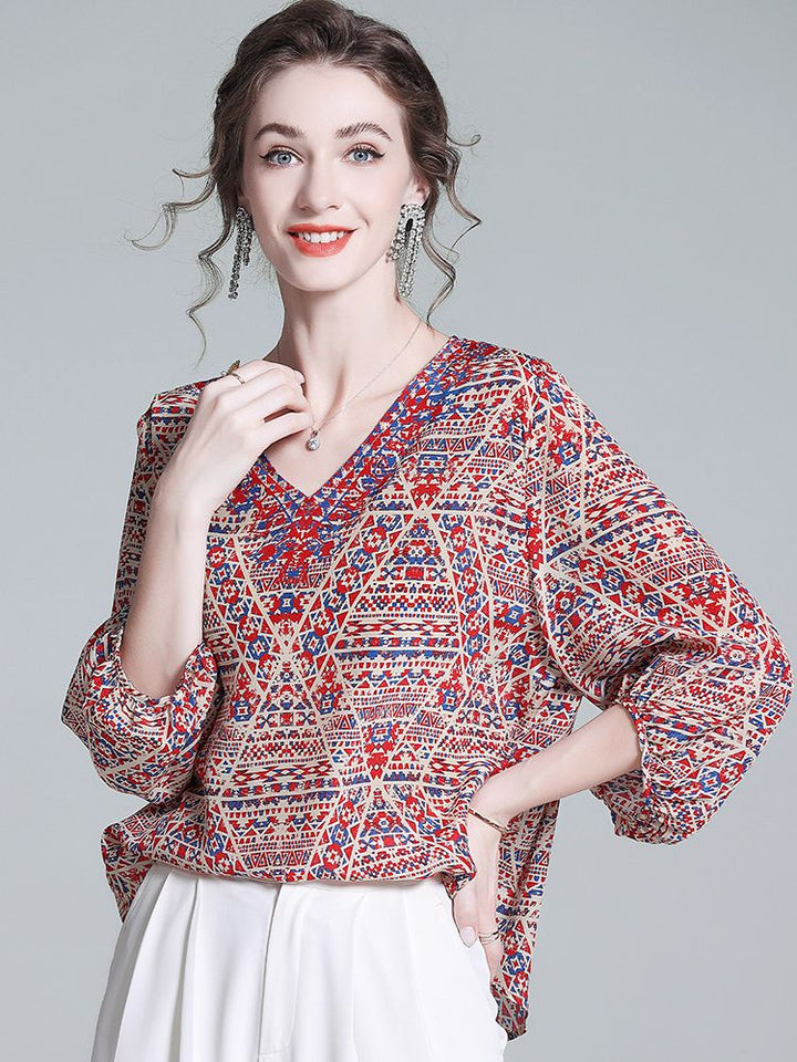 Red and Blue Boho Printed V-Neck 3/4 Lantern Sleeve Silk Blouse for Women