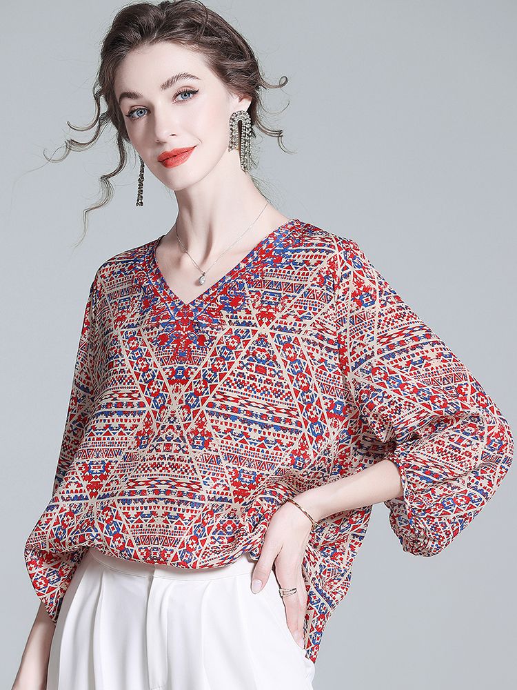 Red and Blue Boho Printed V-Neck 3/4 Lantern Sleeve Silk Blouse for Women