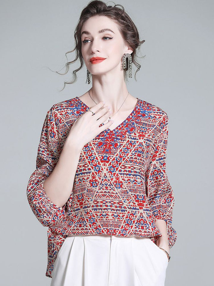 Red and Blue Boho Printed V-Neck 3/4 Lantern Sleeve Silk Blouse for Women