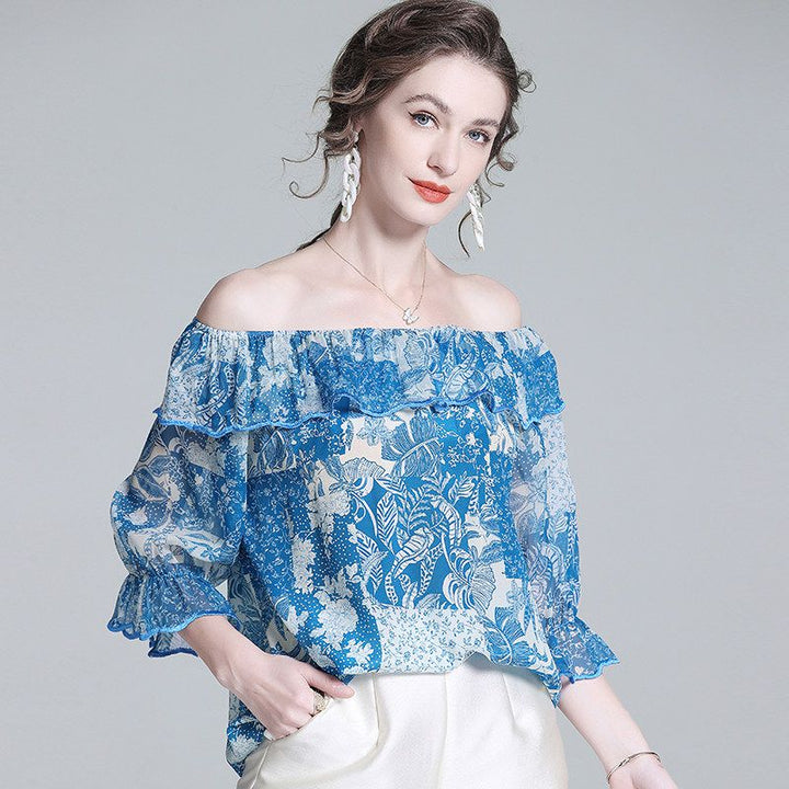 Women’s Blue Printed Silk Off-the-Shoulder Blouse with Ruffle Neckline