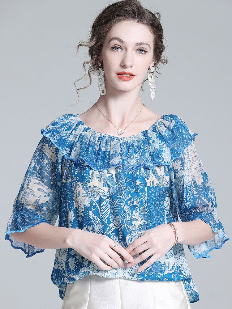 Women’s Blue Printed Silk Off-the-Shoulder Blouse with Ruffle Neckline