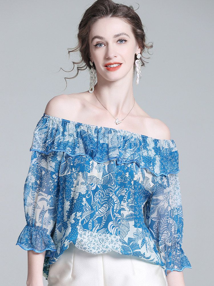 Women’s Blue Printed Silk Off-the-Shoulder Blouse with Ruffle Neckline