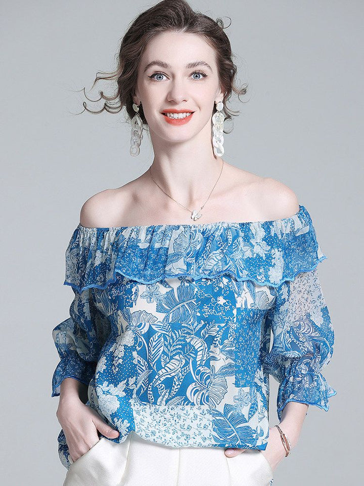 Women’s Blue Printed Silk Off-the-Shoulder Blouse with Ruffle Neckline