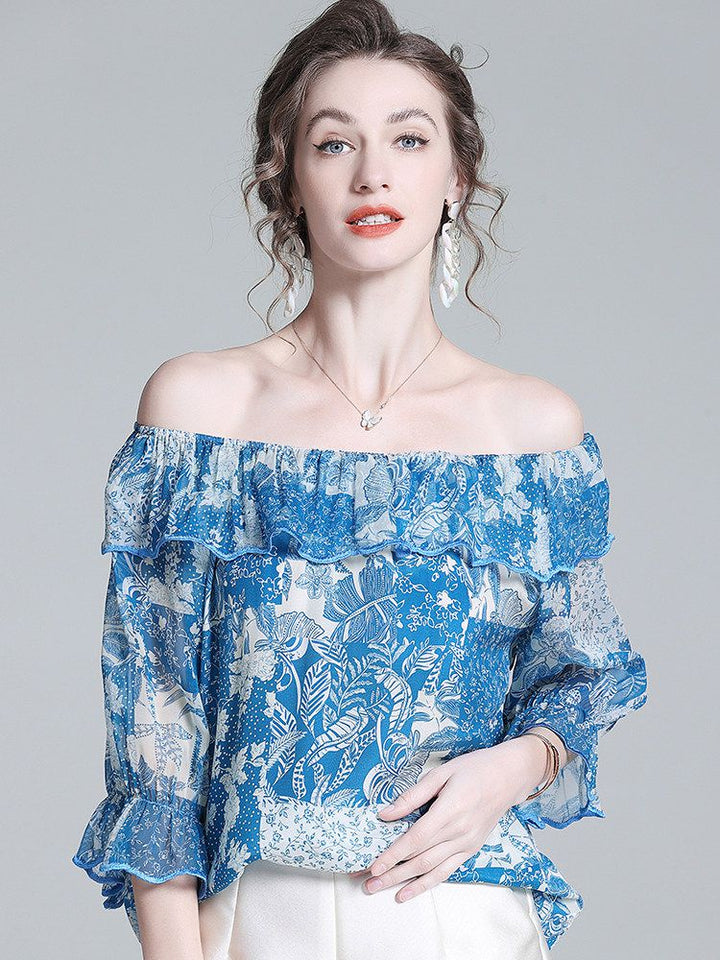Women’s Blue Printed Silk Off-the-Shoulder Blouse with Ruffle Neckline