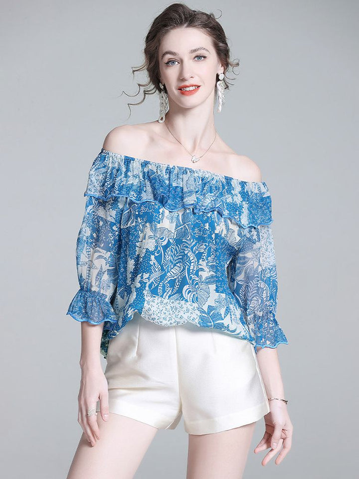 Women’s Blue Printed Silk Off-the-Shoulder Blouse with Ruffle Neckline