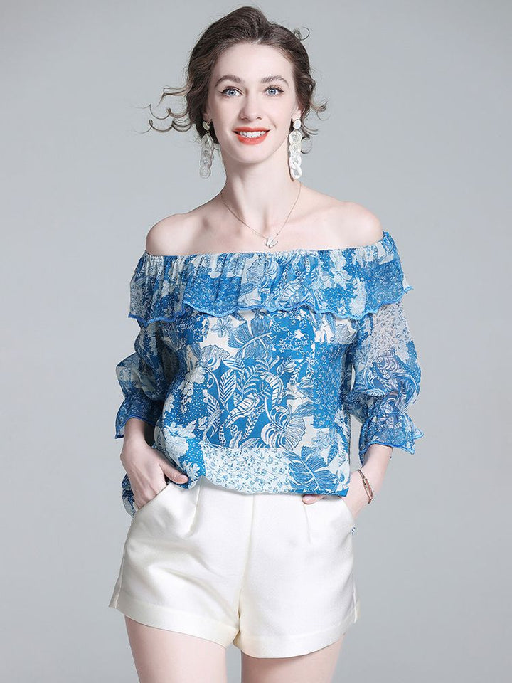Women’s Blue Printed Silk Off-the-Shoulder Blouse with Ruffle Neckline