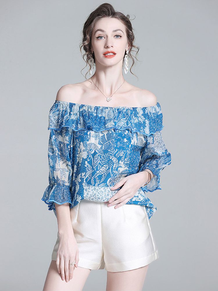Women’s Blue Printed Silk Off-the-Shoulder Blouse with Ruffle Neckline