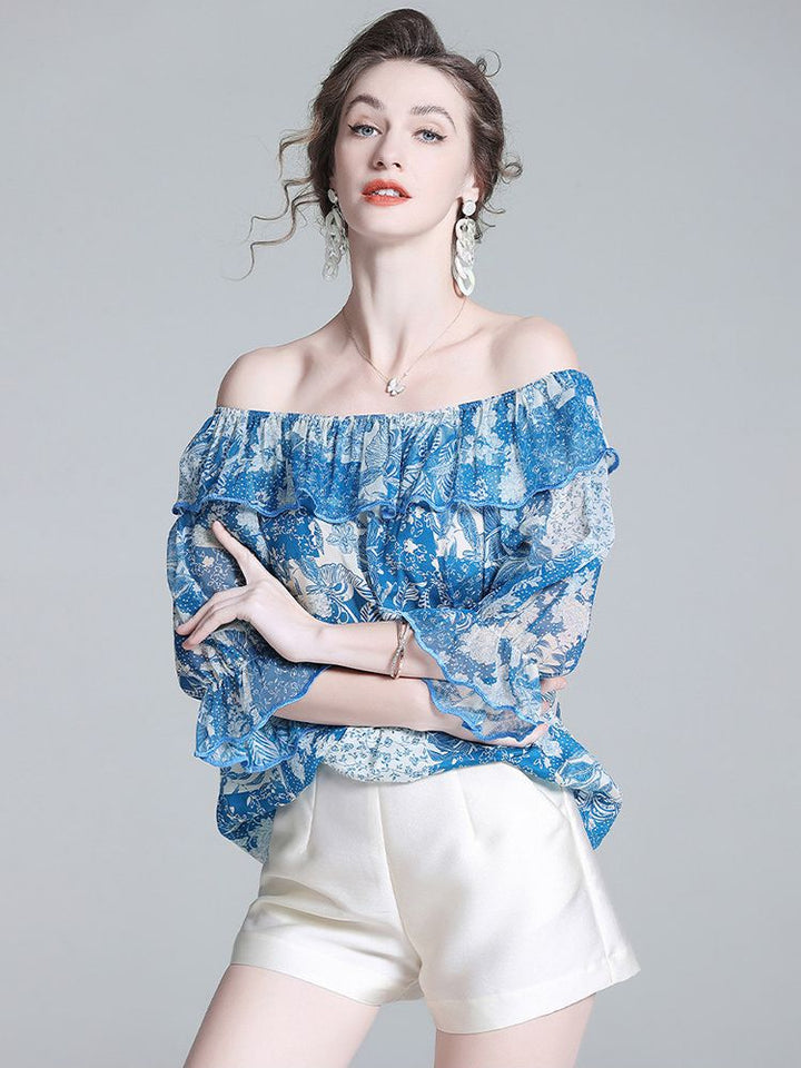 Women’s Blue Printed Silk Off-the-Shoulder Blouse with Ruffle Neckline