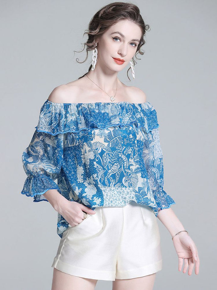 Women’s Blue Printed Silk Off-the-Shoulder Blouse with Ruffle Neckline
