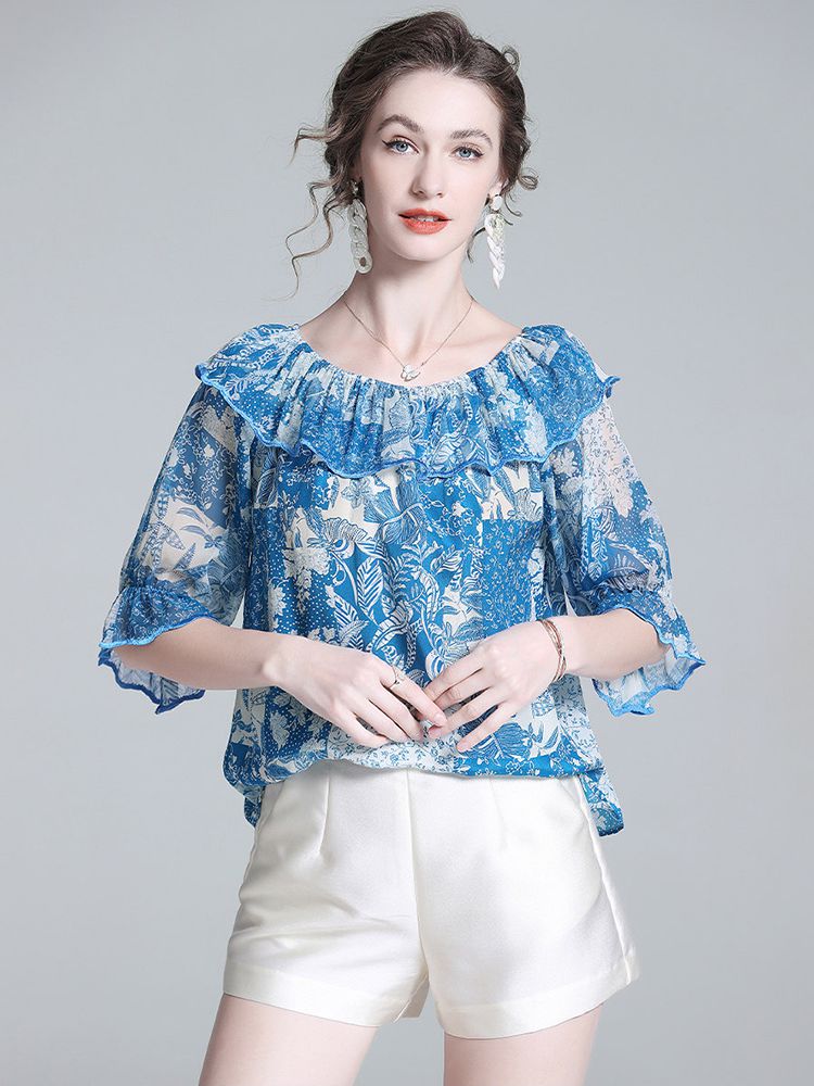 Women’s Blue Printed Silk Off-the-Shoulder Blouse with Ruffle Neckline