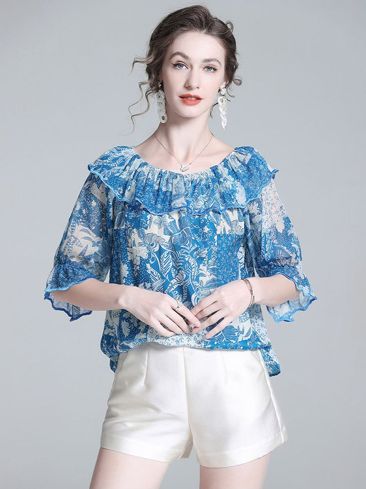 Women’s Blue Printed Silk Off-the-Shoulder Blouse with Ruffle Neckline