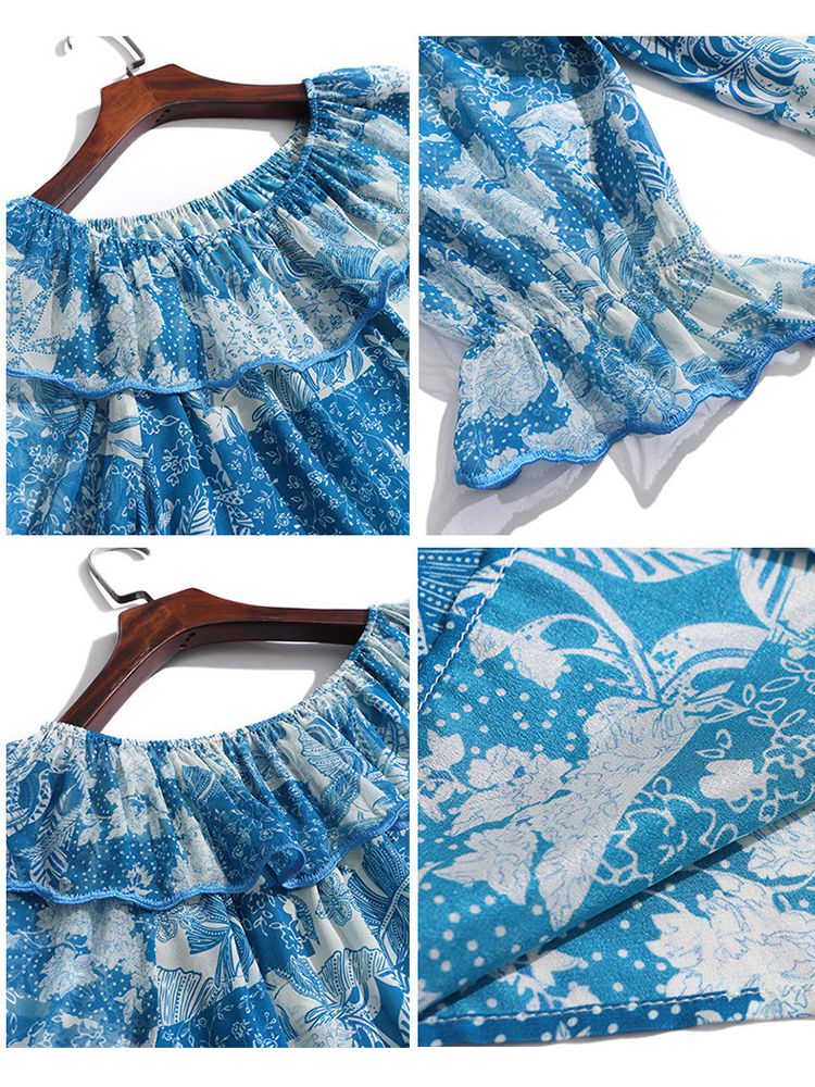 Women’s Blue Printed Silk Off-the-Shoulder Blouse with Ruffle Neckline