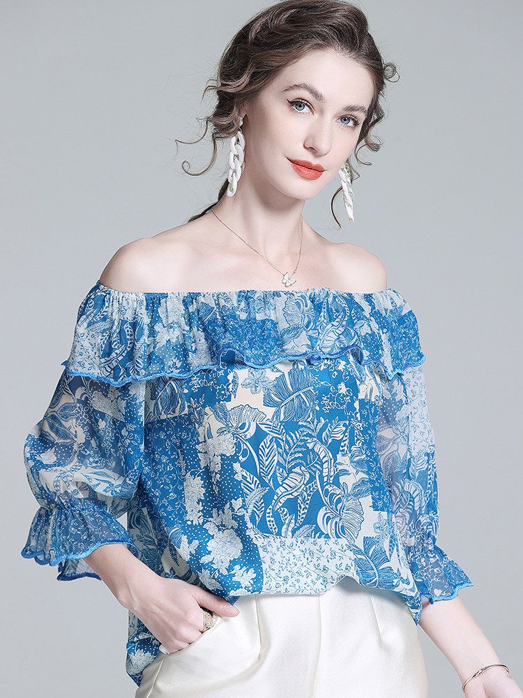 Women’s Blue Printed Silk Off-the-Shoulder Blouse with Ruffle Neckline