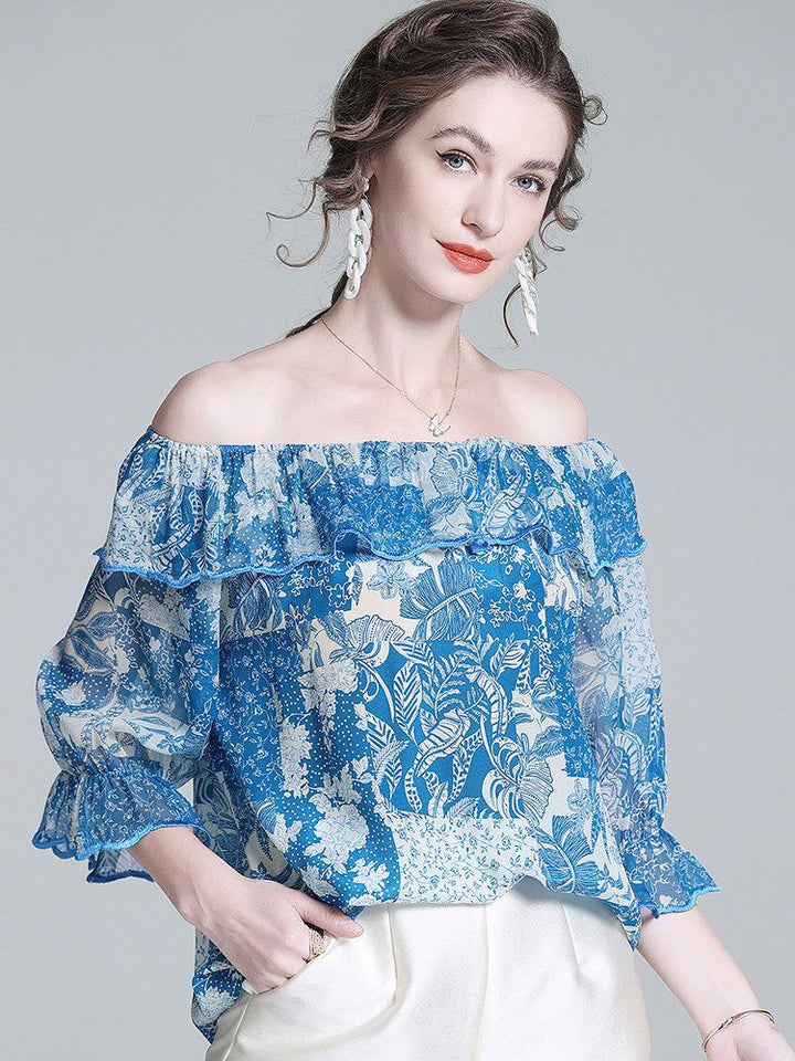 Women’s Blue Printed Silk Off-the-Shoulder Blouse with Ruffle Neckline
