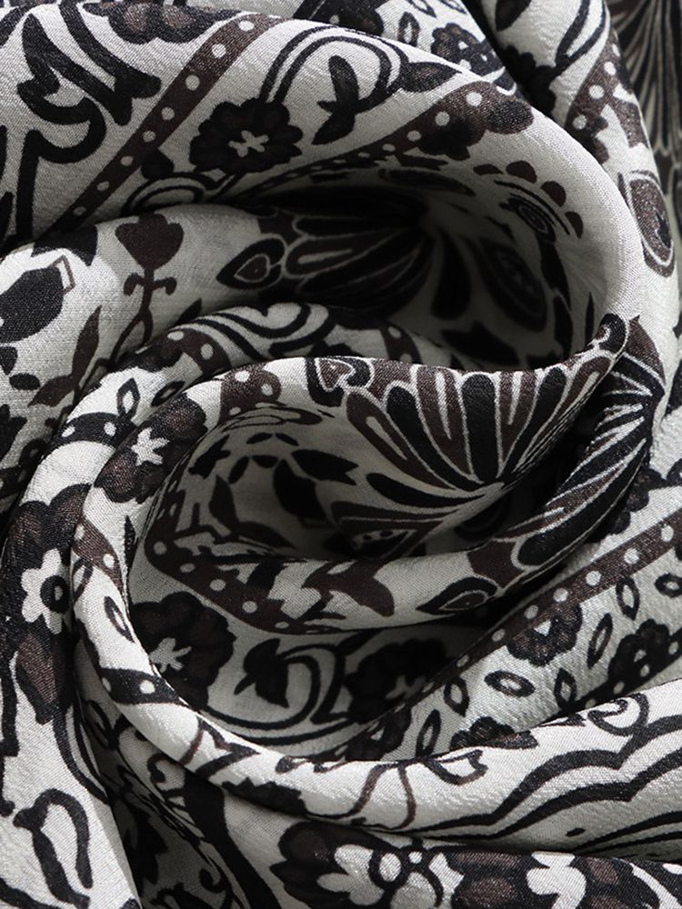 Black and White Paisley Print V-Neck Long Lantern Sleeve Silk Blouse
