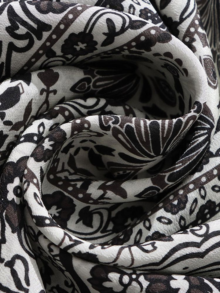 Black and White Paisley Print V-Neck Long Lantern Sleeve Silk Blouse