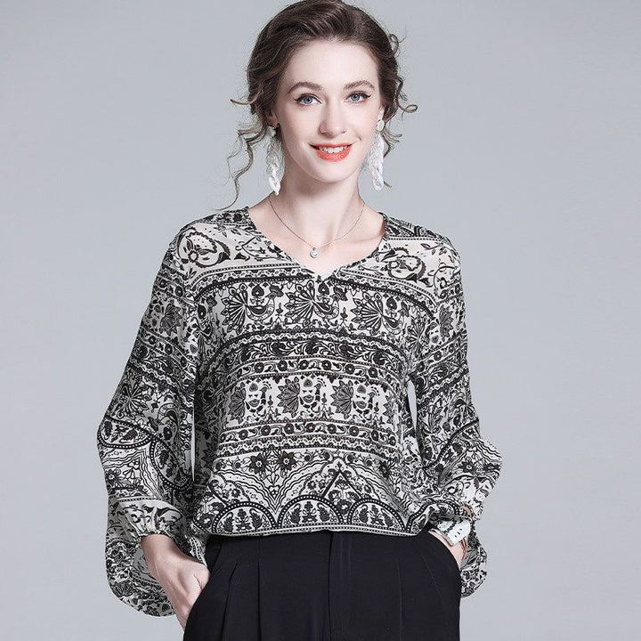 Black and White Paisley Print V-Neck Long Lantern Sleeve Silk Blouse