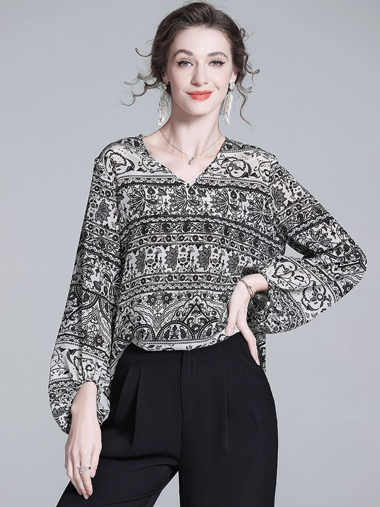 Black and White Paisley Print V-Neck Long Lantern Sleeve Silk Blouse