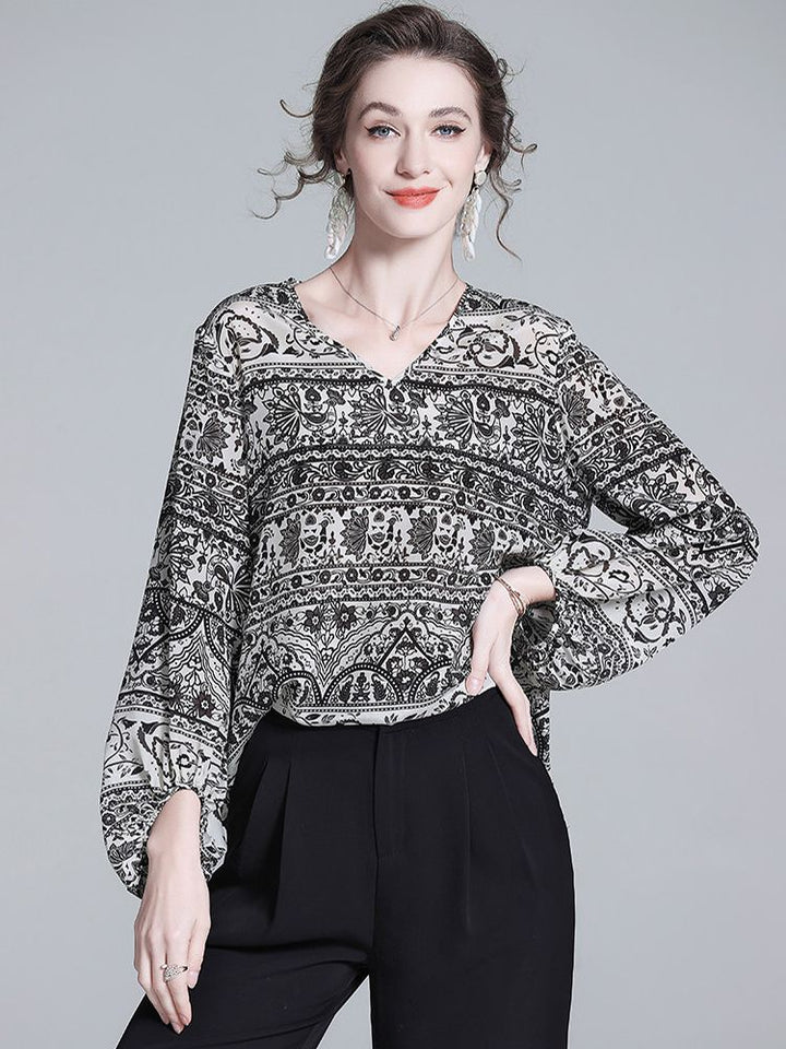 Black and White Paisley Print V-Neck Long Lantern Sleeve Silk Blouse