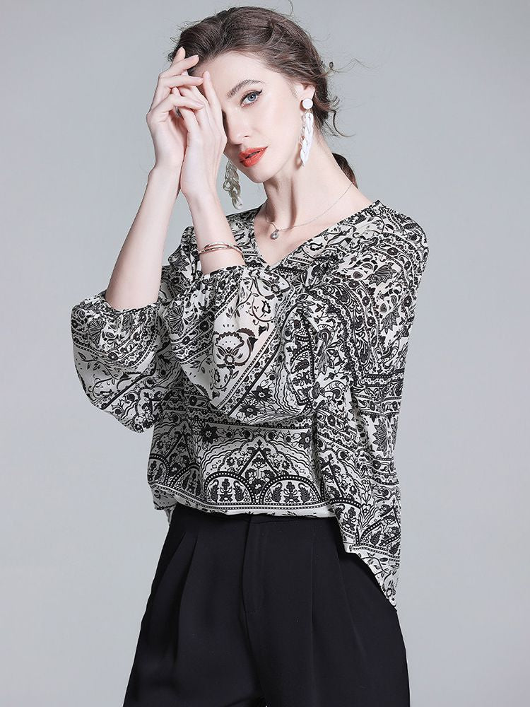 Black and White Paisley Print V-Neck Long Lantern Sleeve Silk Blouse