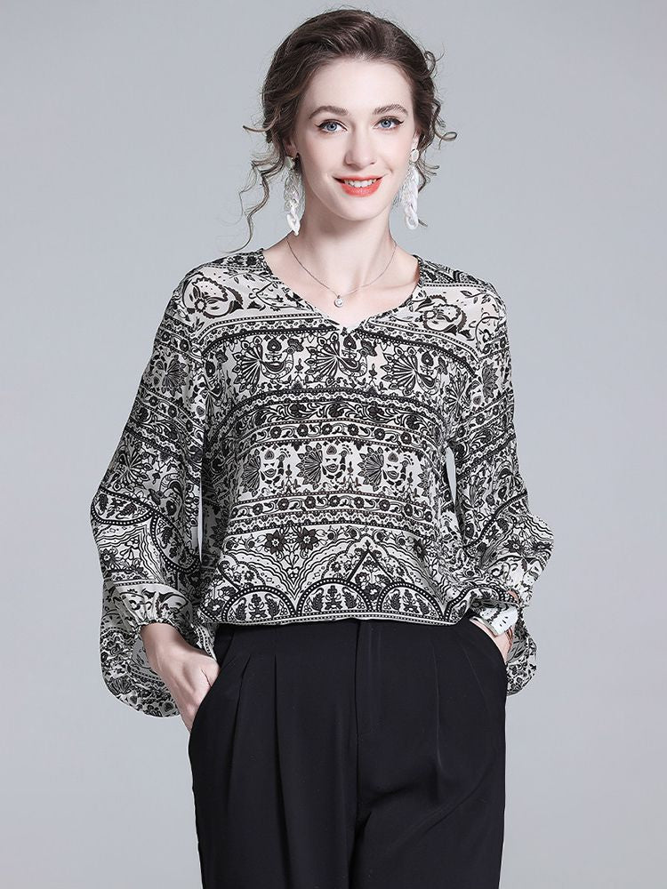 Black and White Paisley Print V-Neck Long Lantern Sleeve Silk Blouse