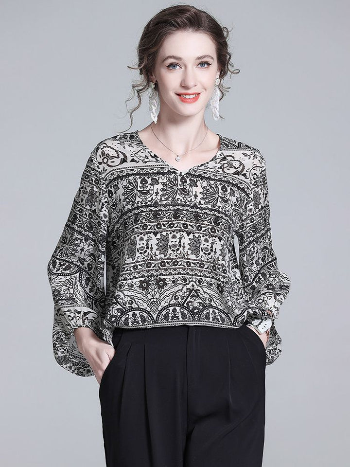 Black and White Paisley Print V-Neck Long Lantern Sleeve Silk Blouse