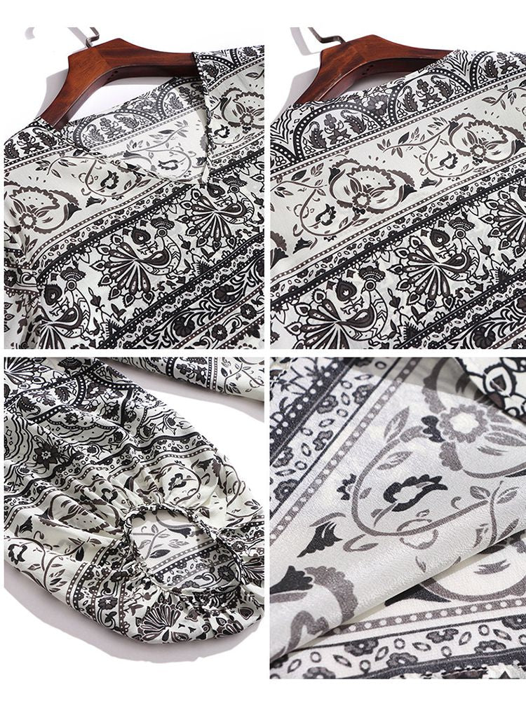Black and White Paisley Print V-Neck Long Lantern Sleeve Silk Blouse