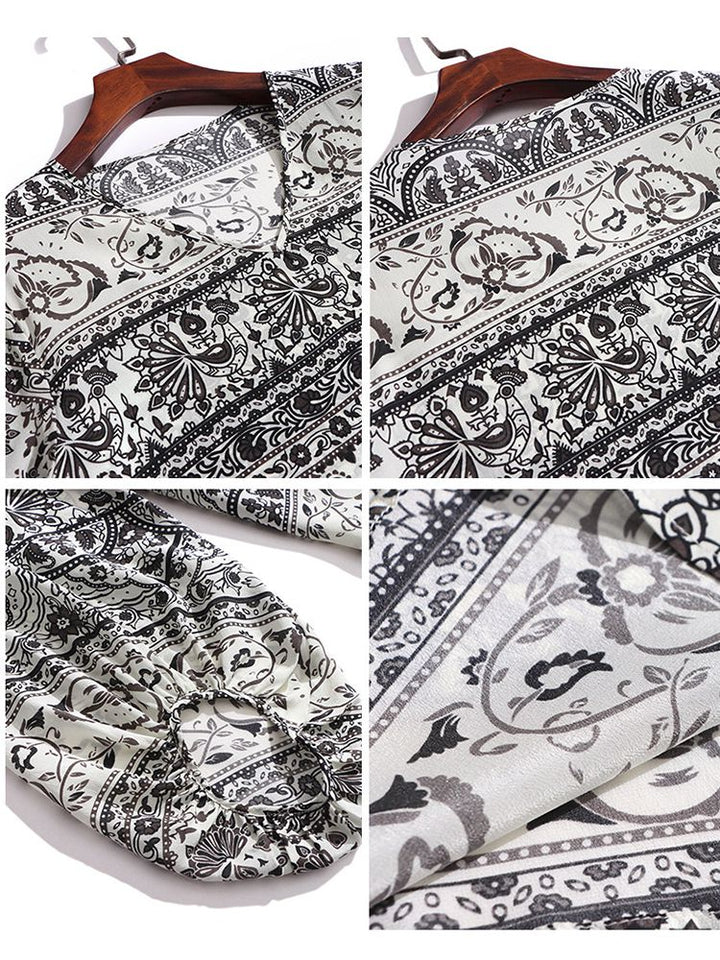 Black and White Paisley Print V-Neck Long Lantern Sleeve Silk Blouse
