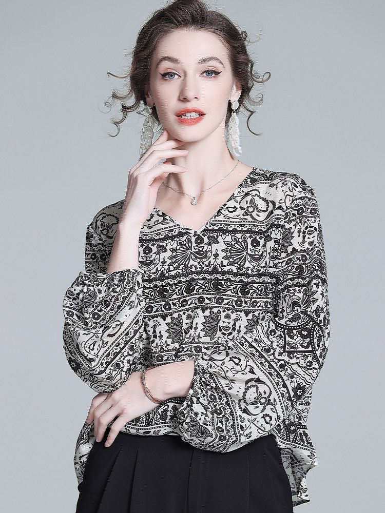 Black and White Paisley Print V-Neck Long Lantern Sleeve Silk Blouse